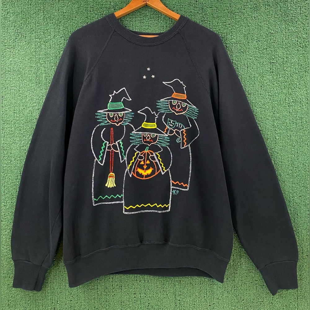 Vintage 90’s Halloween Witches Witch Handmade Hand Painted Sweatshirt Women’s XL
